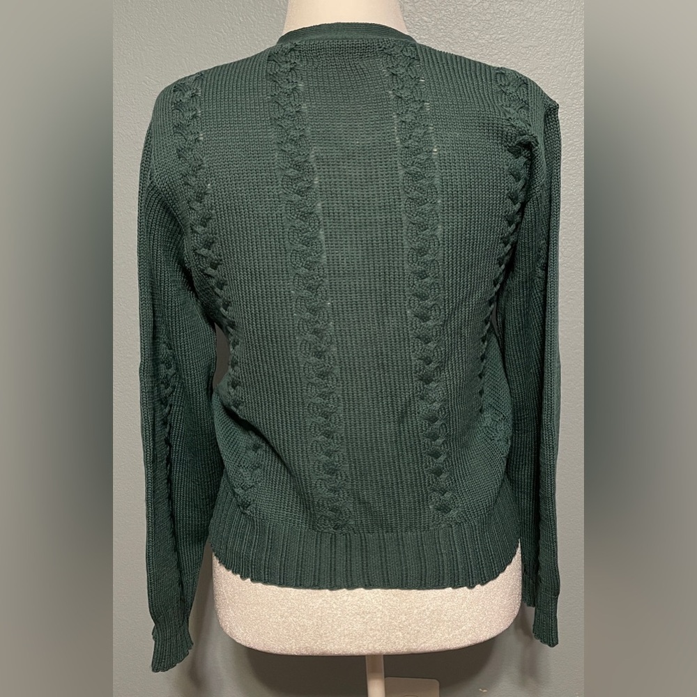 Forest Green Cable Knit Sweater 100% Wool Pullover Cozy Knit Preppy Medium - Picture 3 of 6
